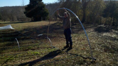 Erecting a hoop house for extended season growing.