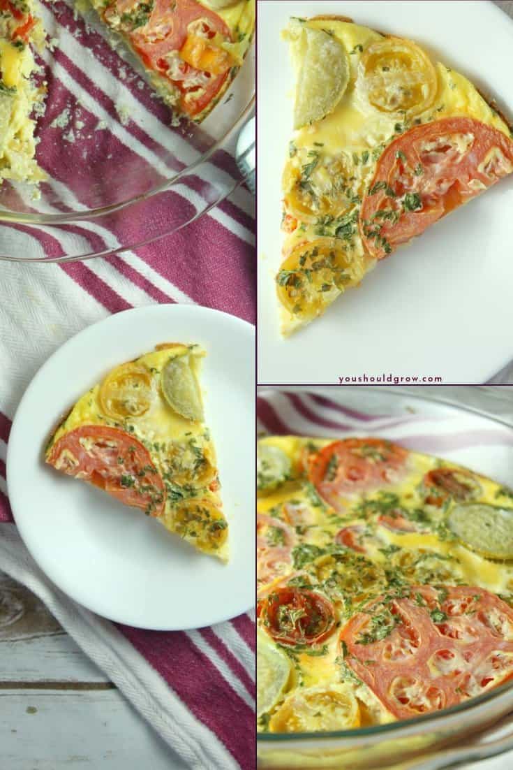 images of baked tomato and basil frittata in a collage