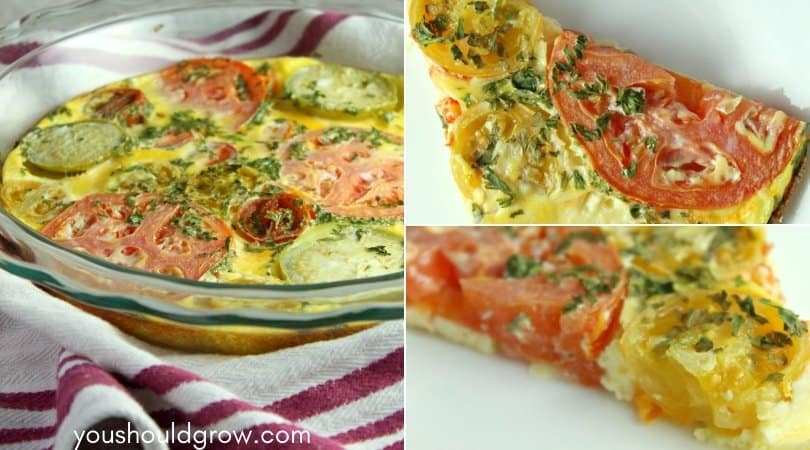 collage of baked tomato and basil frittata