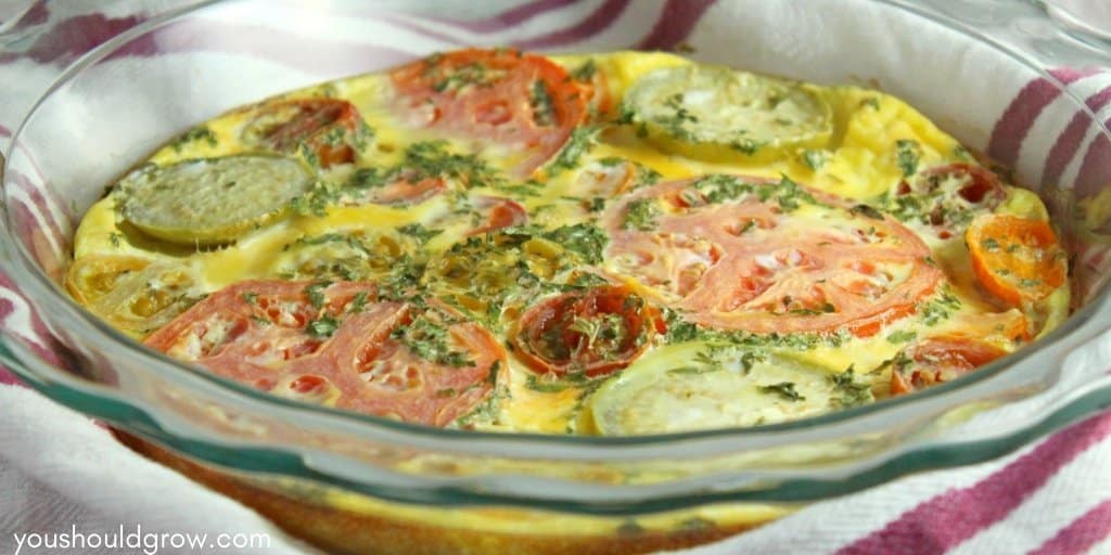 Heirloom tomato and basil frittata in glass pie dish