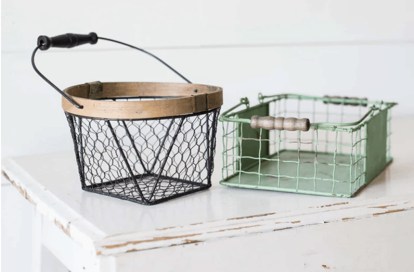 wire baskets on a white table