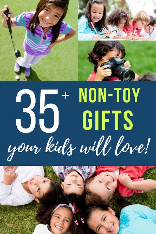 35+ non-toy gifts your kids will love. Collage of kids playing games 