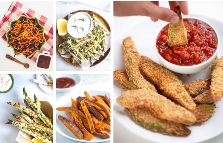 Picture collage of 5 different types of veggie fries