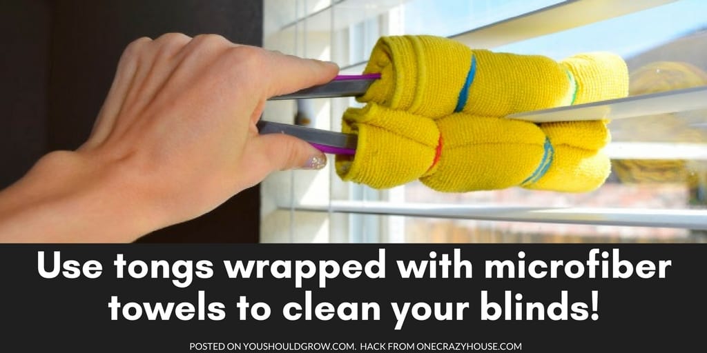 Cleaning Hack from One Crazy House: Use microfiber towels around kitchen tongs to dust your blinds.