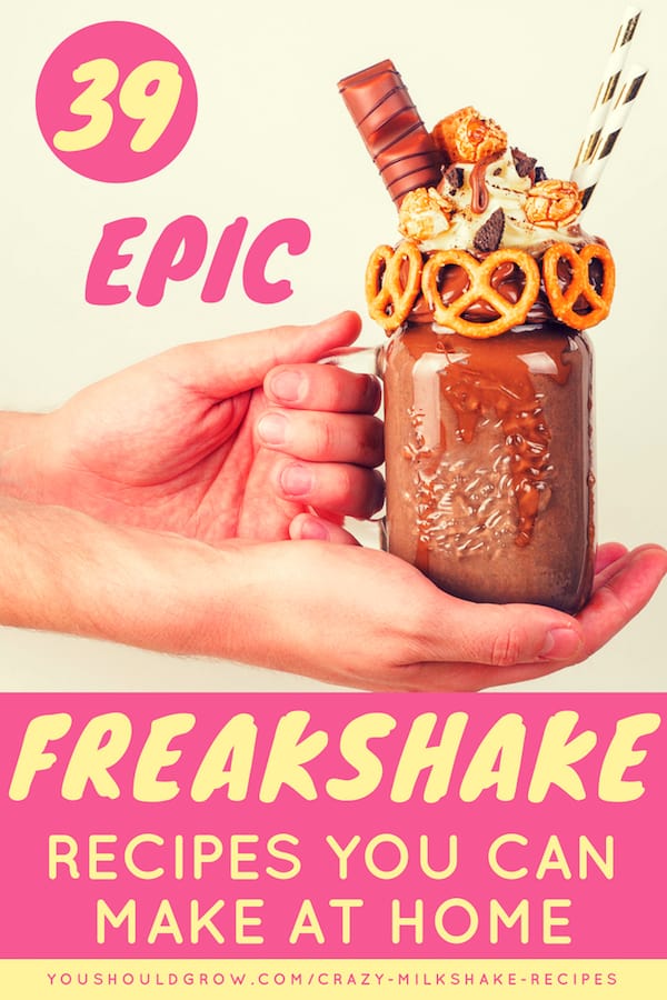 Hands holding chocolate and pretzels freak shake - A list of 39 crazy milkshake recipes