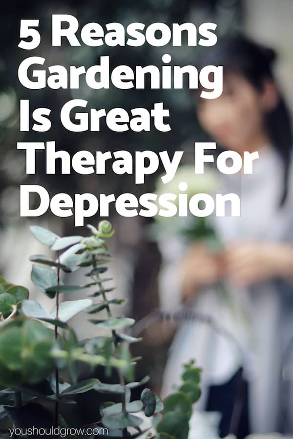 5 reasons gardening is great therapy for depression text in white on image of woman in the garden