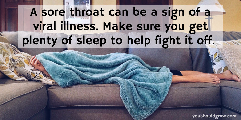 Text over image of person sleeping on a sofa: get sleep to allow your body to heal from the illness that causes a sore throat