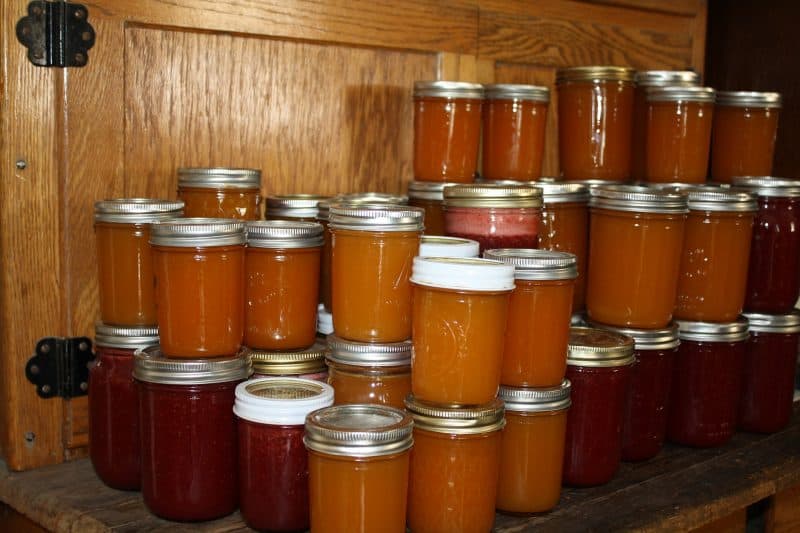Home canned jams and jellies in the pantry